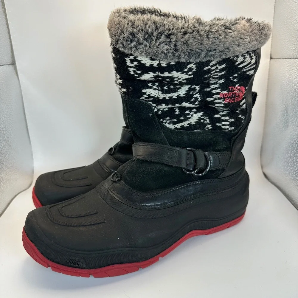 The North Face Winter Boots Women 8 Black Red Waterproof Knit Faux Fur Gorpcore